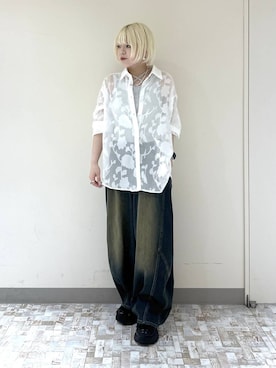 「PAGEBOY（ページボーイ）のレースジャガードシアーシャツ（シャツ/ブラウス、ホワイト系）」を使った、・あさせ・さん（レディース・160cm）の夏コーディネート