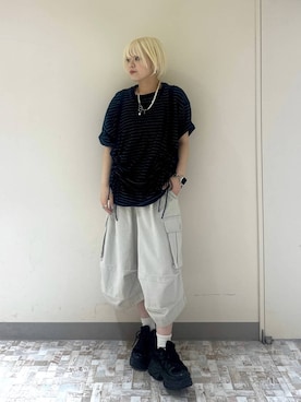 「PBLIM（ページボーイリム）の《UNISEX》レイヤードボーダーT 取り外し可能 / 2WAY（Tシャツ/カットソー、ブルー系）」を使った、・あさせ・さん（レディース・160cm）の夏コーディネート