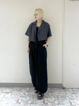 「PAGEBOY（ページボーイ）のフラップデザインショートジャケット（テーラードジャケット、グレー系）」を使った、・あさせ・さん（レディース・160cm）の夏コーディネート