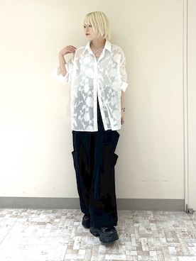 「PAGEBOY（ページボーイ）のレースジャガードシアーシャツ（シャツ/ブラウス、ホワイト系）」を使った、・あさせ・さん（レディース・160cm）の夏コーディネート