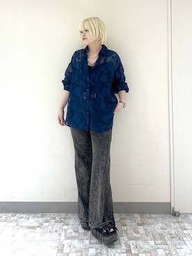 「PAGEBOY（ページボーイ）のレースジャガードシアーシャツ（シャツ/ブラウス、ブルー系）」を使った、・あさせ・さん（レディース・160cm）の夏コーディネート