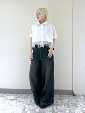 「PAGEBOY（ページボーイ）の＜まるでデニム見え！/紫外線カット/接触冷感/ストレッチ＞マルデニメガレッグパンツ（デニムパンツ、グリーン系）」を使った、・あさせ・さん（レディース・160cm）の夏コーディネート