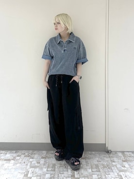 「PBLIM（ページボーイリム）の《UNISEX/AIR QUICK DRY/通気性/吸水速乾/UVカット》エアクイックドライカーゴ（カーゴパンツ、ブラック系）」を使った、・あさせ・さん（レディース・160cm）の夏コーディネート