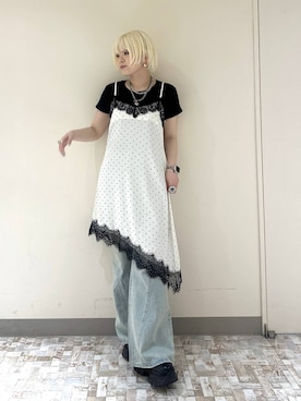 「PAGEBOY（ページボーイ）のレース×ドットキャミワンピース（チュニック、ホワイト系）」を使った、・あさせ・さん（レディース・160cm）の夏コーディネート