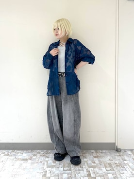 「PAGEBOY（ページボーイ）のレースジャガードシアーシャツ（シャツ/ブラウス、ブルー系）」を使った、・あさせ・さん（レディース・160cm）の夏コーディネート