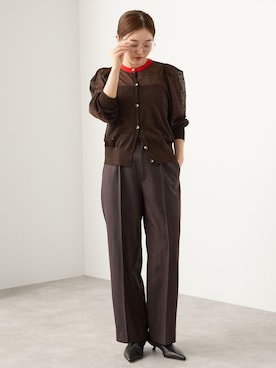 「IENA（イエナ）のLOWER/ローヴァー 18G Tucked power shoulder ニット  LW-77（カーディガン/ボレロ、ブラウン系）」を使った、endoさん（レディース・162cm）の夏コーディネート
