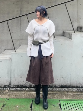 「MAISON SPECIAL（メゾンスペシャル）の【2026Autumn PRE-ORDER】Round-Toe Wide Long Boots/ラウンドトゥワイドロングブーツ（ブーツ、ブラック系）」を使った、MAISON SPECIALさん（レディース・158cm）の秋コーディネート