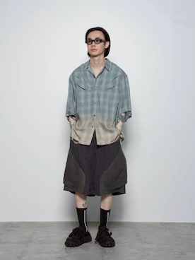 「MAISON SPECIAL（メゾンスペシャル）の《UNISEX》Destroy Damage Prime-Over Ombre Check Short Sleeve Shirt/デストロイダメージプライムオーバーオンブレチェックショートスリーブシャツ【MAISON SPECIAL/メゾンスペシャル】（シャツ/ブラウス、グリーン系）」を使った、MAISON SPECIALさん（メンズ・168cm）の春コーディネート