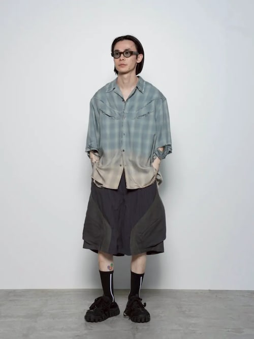 《UNISEX》Destroy Damage Prime-Over Ombre Check Short Sleeve Shirt/デストロイダメージプライムオーバーオンブレチェックショートスリーブシャツ【MAISON SPECIAL/メゾンスペシャル】