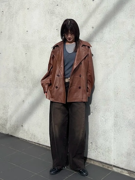 「MAISON SPECIAL（メゾンスペシャル）の【2026Autumn PRE-ORDER】Leather Short Trench Coat/レザーショートトレンチコート（トレンチコート、ブラウン系）」を使った、MAISON SPECIALさん（レディース・155cm）の夏コーディネート