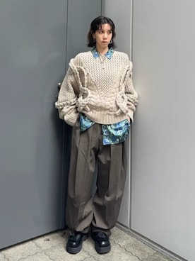 「MAISON SPECIAL（メゾンスペシャル）の【26WINTER PRE-ORDER】Cable Hand-Knit Top/ケーブルハンドニットトップ（ニット/セーター、ホワイト系）」を使った、MAISON SPECIALさん（レディース・158cm）の秋コーディネート