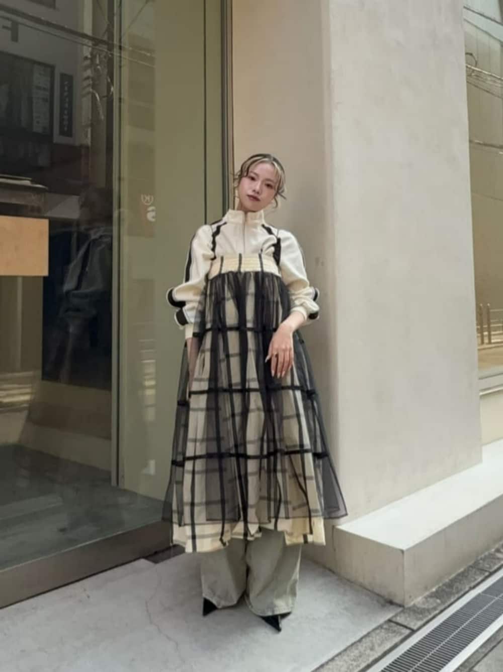 2way Tulle Layered Plaid Pattern Volume Silhouette Skirt/2WAY