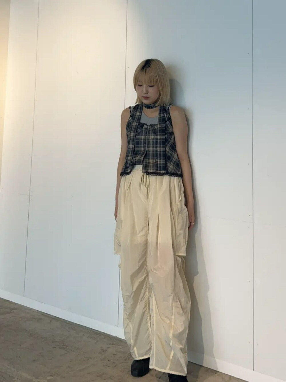 Plaid Halter Peplum Sheer Tops/チェックホルターペプラムシアー