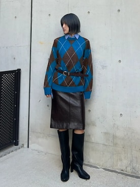 「MAISON SPECIAL（メゾンスペシャル）の【2026Autumn PRE-ORDER】Layered Multi-Fabric Midi Skirt/レイヤードマルチファブリックミモレスカート（スカート、ブラウン系）」を使った、MAISON SPECIALさん（レディース・158cm）の秋コーディネート