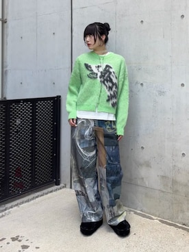 「MAISON SPECIAL（メゾンスペシャル）の【PRE-ORDER】Dalmatian Knit Cardigan/ダルメシアンニットカーデ（カーディガン/ボレロ、グリーン系）」を使った、MAISON SPECIALさん（レディース・158cm）の秋コーディネート