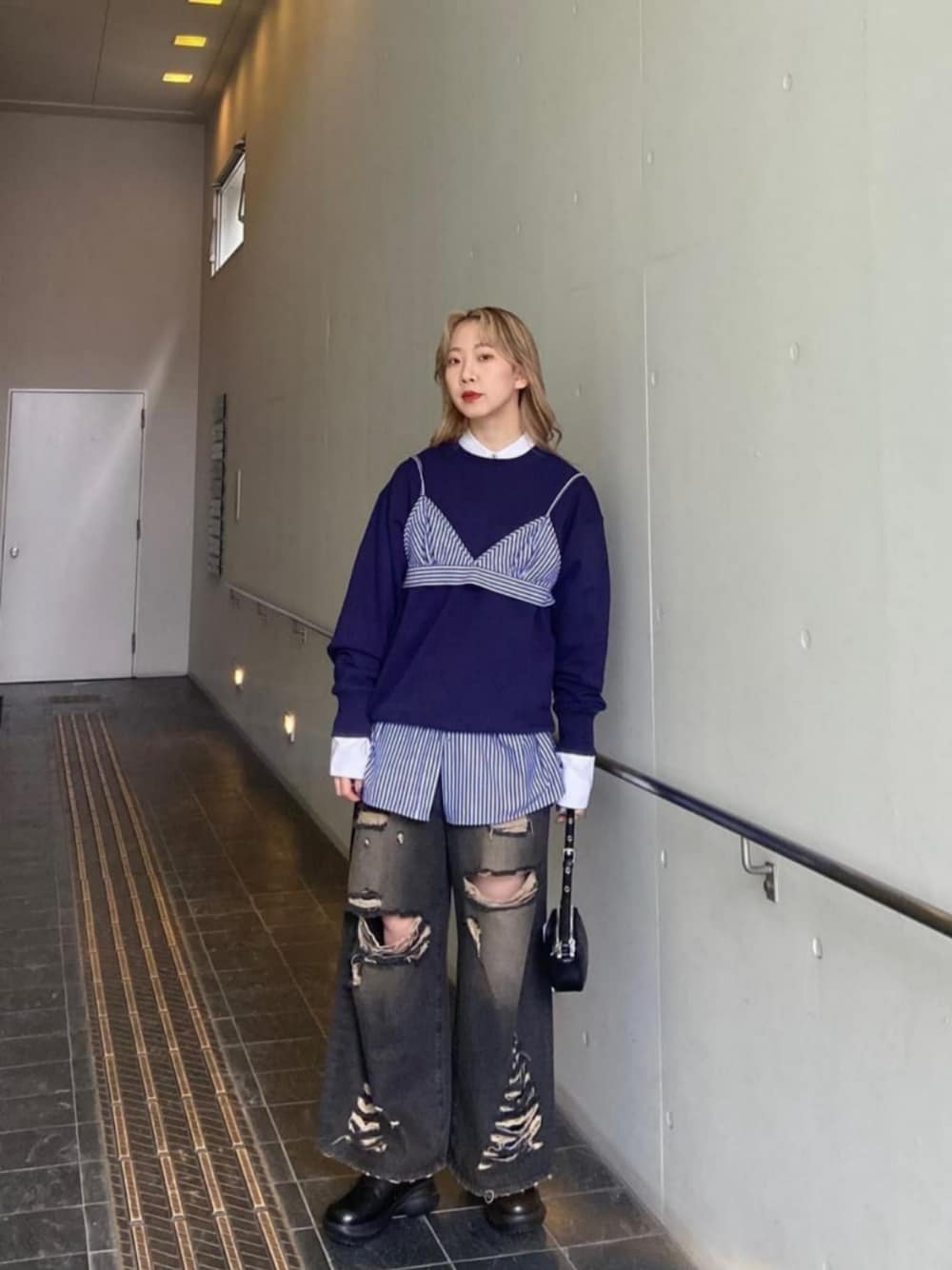 With Bra Stripe Easy Oversized Shirt/ブラ付きストライプイージー