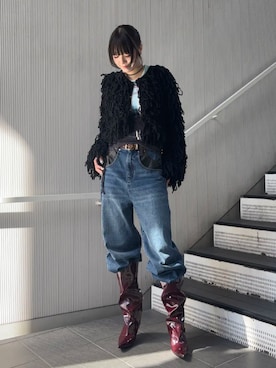 「MAISON SPECIAL（メゾンスペシャル）の【26WINTER PRE-ORDER】Vegan Leather Docking Straight Denim/ヴィーガンレザードッキングストレートデニム（デニムパンツ、ブルー系）」を使った、MAISON SPECIALさん（レディース・158cm）の秋コーディネート