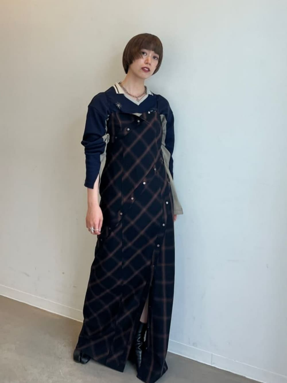 Button Slit Checkered Camisole Maxidresses/ボタンスリット