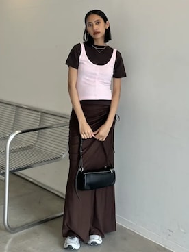 「MAISON SPECIAL（メゾンスペシャル）の【2026SUMMER PRE-ORDER】Shirring Jersey Maxi Skirt/シャーリングカットマキシスカート（スカート、ブラウン系）」を使った、MAISON SPECIALさん（メンズ・168cm）の春コーディネート