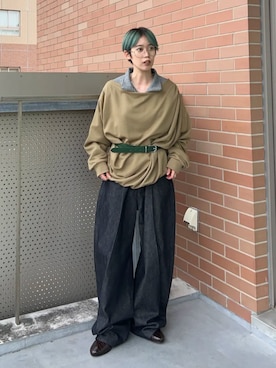 「MAISON SPECIAL（メゾンスペシャル）の【2026Autumn PRE-ORDER】Croc Belt/クロコベルト（ベルト、グリーン系）」を使った、MAISON SPECIALさん（レディース・155cm）の夏コーディネート