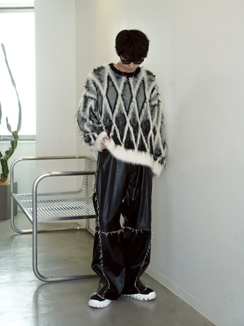 UNISEX》7G Shaggy Jacquard Diamond Pattern Argyle Prime-Over