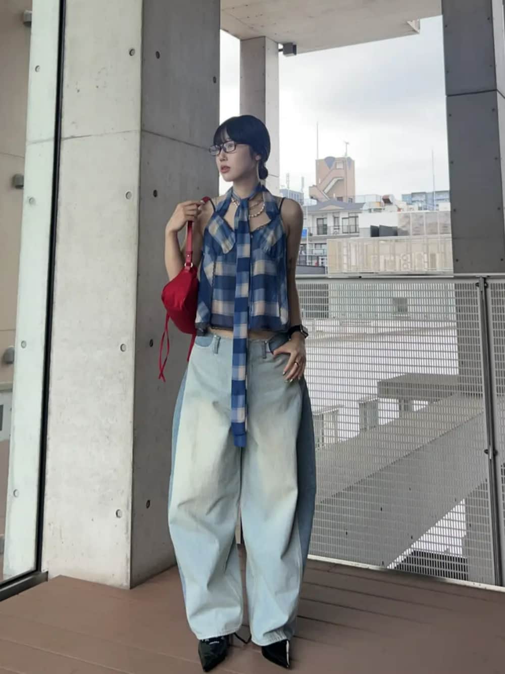 Plaid Halter Peplum Sheer Tops/チェックホルターペプラムシアー