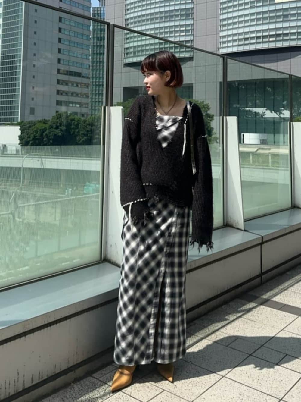 Button Slit Checkered Camisole Maxidresses/ボタンスリット