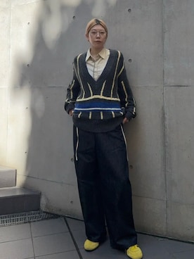 「MAISON SPECIAL（メゾンスペシャル）の【2026Autumn PRE-ORDER】Layered Shirt Knit/レイヤードシャツニット（ニット/セーター、グレー系）」を使った、MAISON SPECIALさん（レディース・158cm）の秋コーディネート