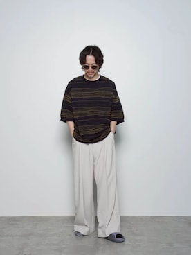 「MAISON SPECIAL（メゾンスペシャル）の《UNISEX》Drawing Pintuck Border Prime-Over Short Sleeve Knit T-shirt/ドローイングピンタックボーダープライムオーバーショートスリーブニットTシャツ【MAISON SPECIAL/メゾンスペシャル】（Tシャツ/カットソー、ブルー系）」を使った、MAISON SPECIALさん（メンズ・168cm）の春コーディネート
