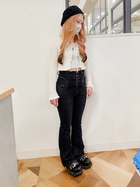 「ショート丈トップス」｜「アイテム（ハンチング/ベレー帽）」を使った、polcadotさん（レディース・155cm）の冬コーディネート