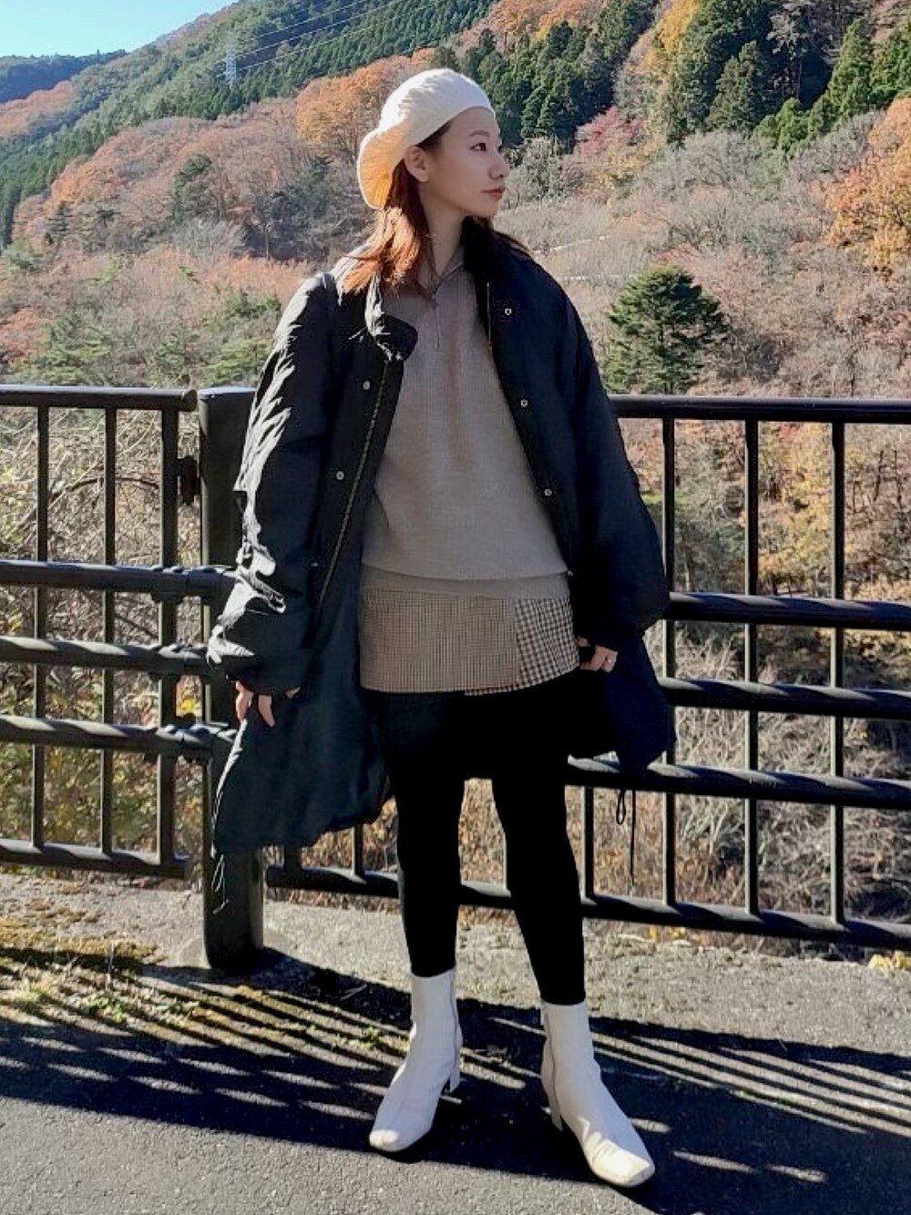「ユニクロ、GU、SLY、プチプラ、プチプラコーデ、冬コーデ、冬アウター着回しチャレンジ、ニット、ハーフジップ、ブーツ、ニット帽、ベレー帽、いいね返し、フォローミー、ニットコーデ」｜「UNIQLOのアイテム（ハンチング/ベレー帽、ホワイト系）」を使った、hanaさん（レディース・158cm）の冬コーディネートの1枚目の写真