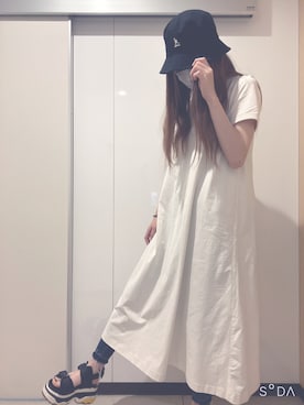 「KANGOL（カンゴール）の【KANGOL】Washed Bucket/【カンゴール】ウォッシュド バケット ハット（ハット、ブラック系）」を使った、N子さん（レディース・163cm）の夏コーディネート