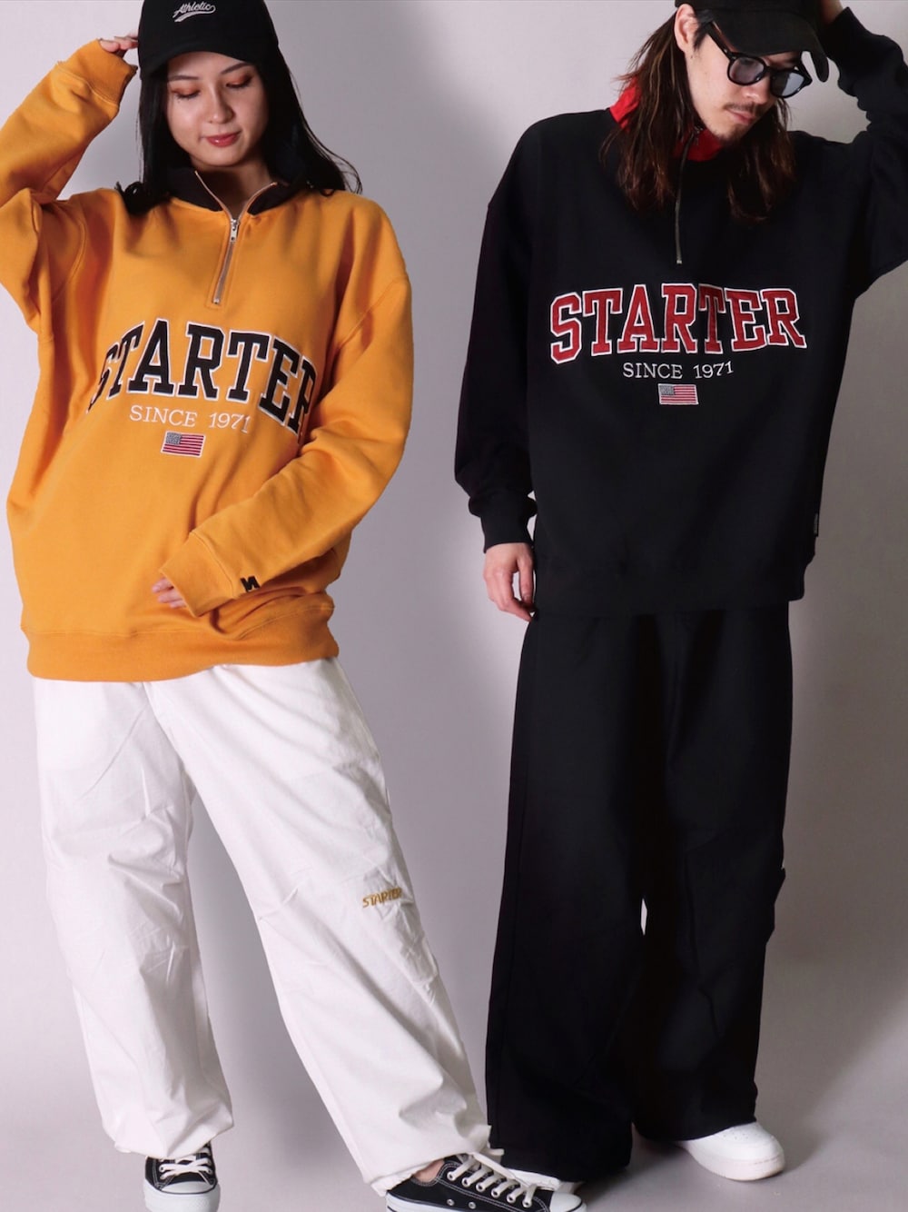 「キャップ、ootd、おしゃれさんと繋がりたい、今日のコーデ、ハーフジップ、秋冬コーデ、ビッグシルエット、バルーンパンツ、スターター、スターターブラックレーベル、starter、STARTER BLACK LABEL、ユニセックス」｜「BAYBLOの【ユニセックス】Athletic 刺繍 ベースボール キャップ(KS)（キャップ、ブラック系）」を使った、【BAYBLO】Officialさん（メンズ・172cm）の秋コーディネートの1枚目の写真