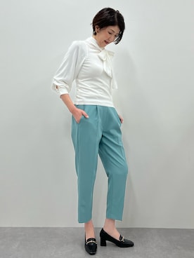 「nissen（ニッセン）のリボン付異素材使いボリューム袖ニットトップス【Hana服】（ニット/セーター、ホワイト系）」を使った、PPさん（レディース・173cm）の冬コーディネート