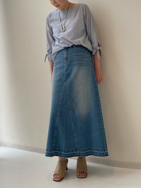 「nissen（ニッセン）の高身長　デニムフレアスカート（トールサイズ）Essenave（デニムスカート、ブルー系）」を使った、PPさん（レディース・173cm）の春コーディネート
