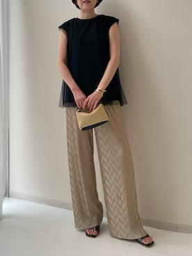 「nissen（ニッセン）の高身長　カットジョーゼット×チュールレイヤードトップス（トールサイズ）Essenave（Tシャツ/カットソー、ブラック系）」を使った、PPさん（レディース・173cm）の春コーディネート