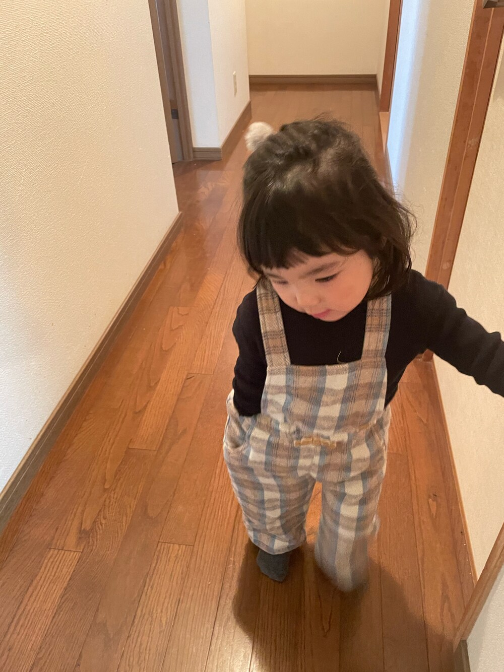 「サロペット、2歳、女の子」｜「Birthdayの90（サロペット/オーバーオール、ベージュ系）」を使った、w-kさん（キッズ・100cm）の春コーディネートの1枚目の写真