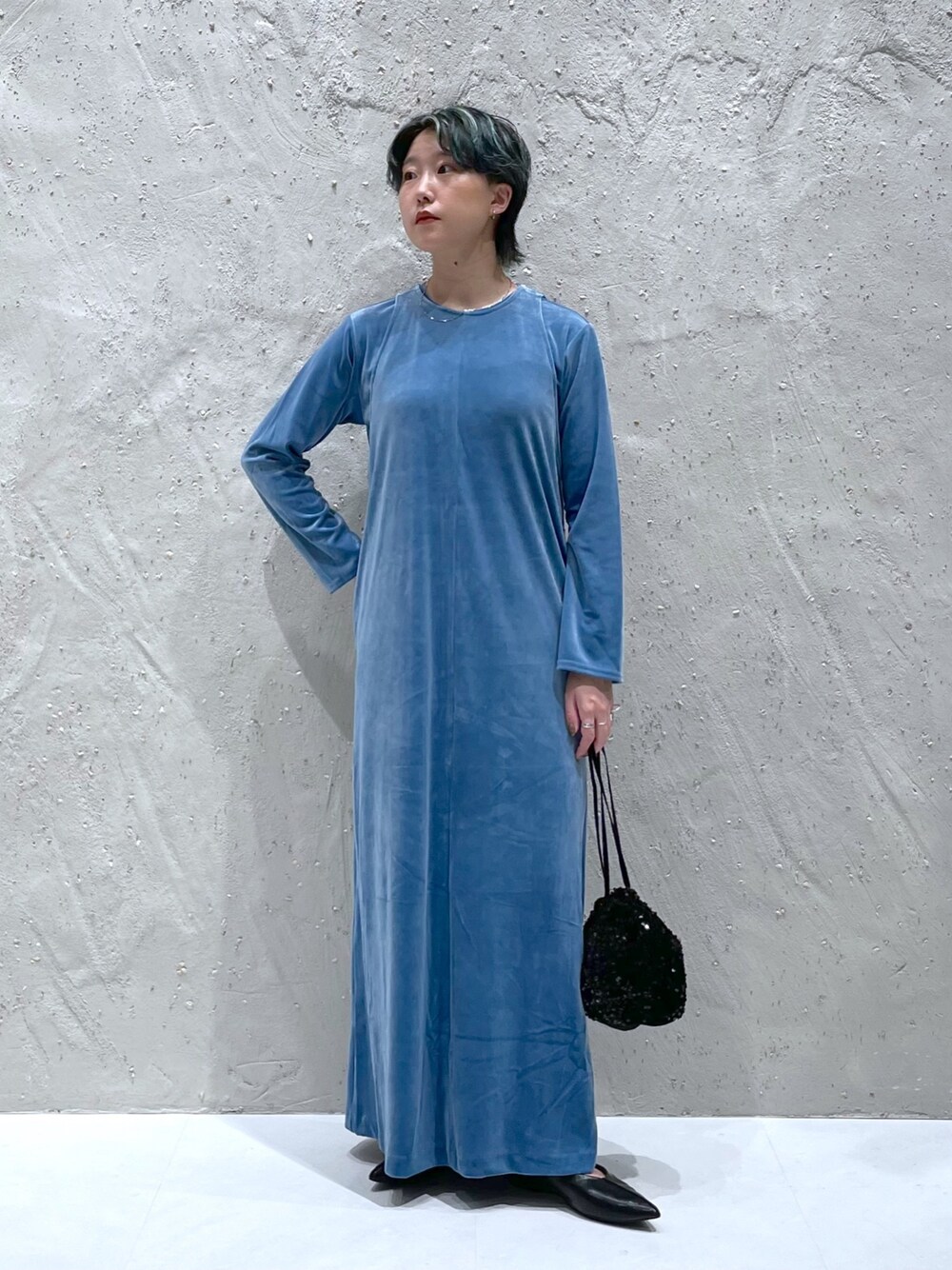 yuw ベロア２Ｐ／ワンピース　ブルー yuw ベロア2P／ワンピースブルー