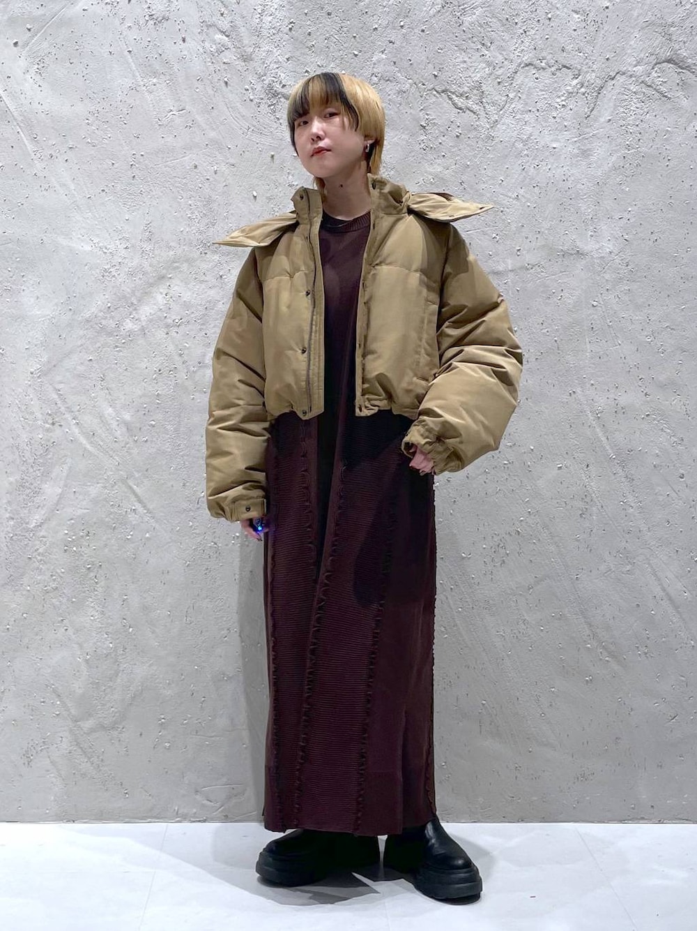 ブラウン系のワンピース、ブラウン系のダウンジャケット/コートを着用したレディースの秋コーディネートの1枚目の写真