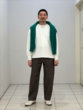 「Ets.MATERIAUX（マテリオ）のETS.MATERIAUX(マテリオ) GOKUJUKU 天竺 ロングスリーブ（Tシャツ/カットソー、ホワイト系）」を使った、もくめさん（メンズ・177cm）の冬コーディネート