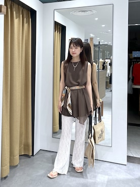 「GALLEST（ギャレスト）のドッキングチュニックカットソー（Tシャツ/カットソー、ブラウン系）」を使った、Renoさん（レディース・154cm）の夏コーディネート