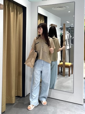 「GALLEST（ギャレスト）のメッシュポロドルマンニット（ニット/セーター、ベージュ系）」を使った、Renoさん（レディース・154cm）の夏コーディネート