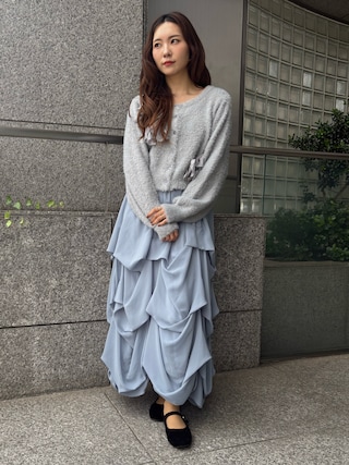 「Tiny EDEN(タイニーエデン)の【中野恵那 着用】リボン付きラメニットカーディガン(セットアップ可能)(カーディガン/ボレロ)」を使った、Tiny EDEN さん(レディース・163cm)の秋コーディネート