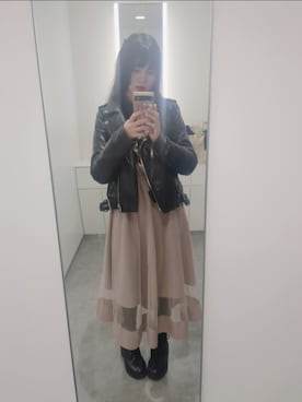 「アイテム（ライダースジャケット）」を使った、世界一のキモさん（レディース・160cm）の冬コーディネート