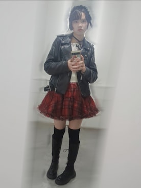 「アイテム（ライダースジャケット）」を使った、世界一のキモさん（レディース・160cm）の秋コーディネート