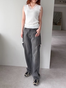 「yuue' ( wear )（ユーイ）のVネックレース付きサマーリブニットタンクトップ（タンクトップ、ホワイト系）」を使った、Sさん（レディース・167cm）の夏コーディネート