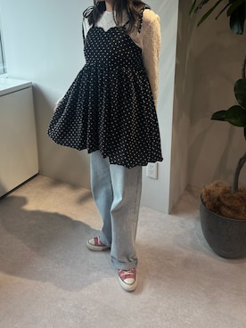 「leimn（レイムン）のドットバルーンチュニック（チュニック、ブラック系）」を使った、Sさん（レディース・156cm）の春コーディネート