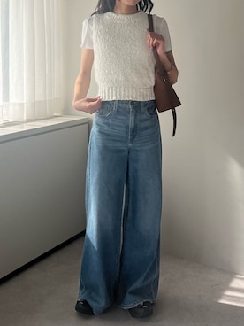 「leimn（レイムン）のポコポコニットベスト（ベスト、ホワイト系）」を使った、Sさん（レディース・156cm）の春コーディネート