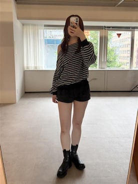 「leimn（レイムン）のワンショルカットスウェット（スウェット、ブラック系）」を使った、Sさん（レディース・167cm）の夏コーディネート