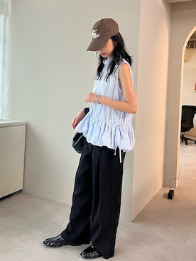 「r.（アールドット）のノースリ　バルーンSH（シャツ/ブラウス、ブルー系）」を使った、Sさん（レディース・156cm）の春コーディネート
